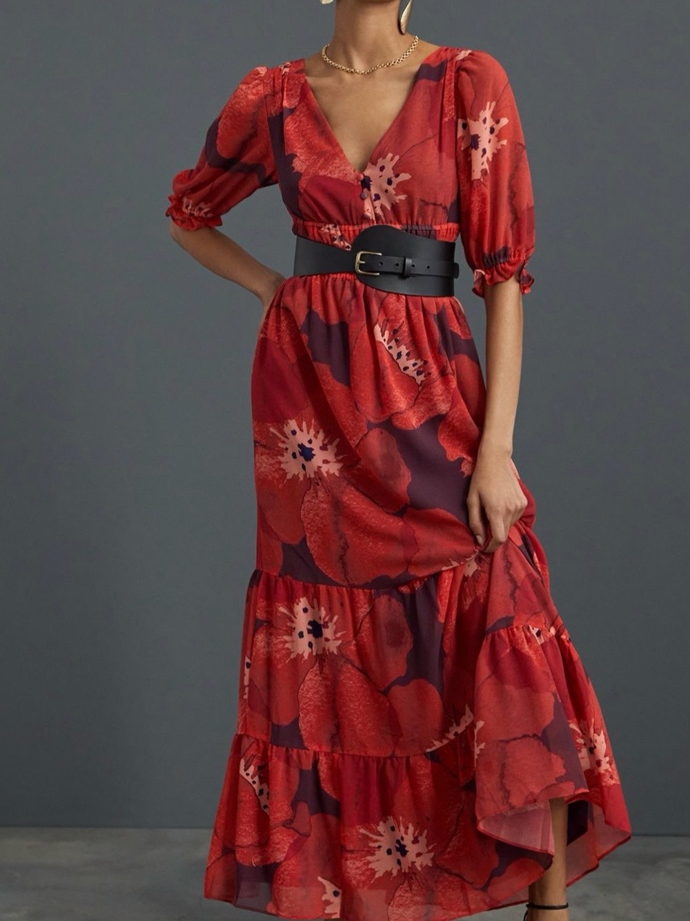 HUTCH Anthropologie Red Poppy Floral Tiered Maxi Dress with V-Neck